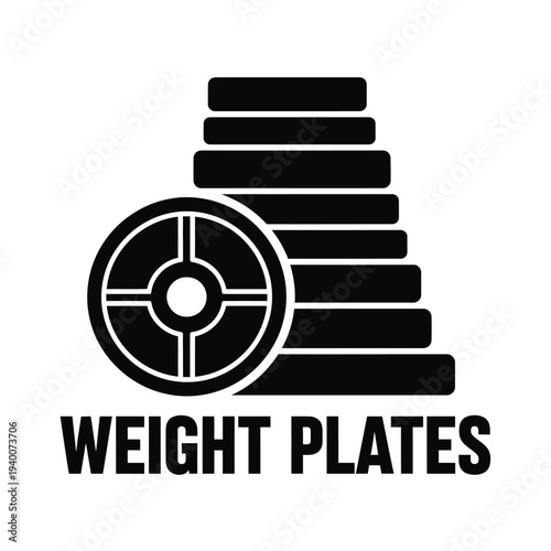 A stark black and white graphic depicts stacked weight plates alongside a single plate with a central hole illustrating fitness equipment high quality professional detailed modern