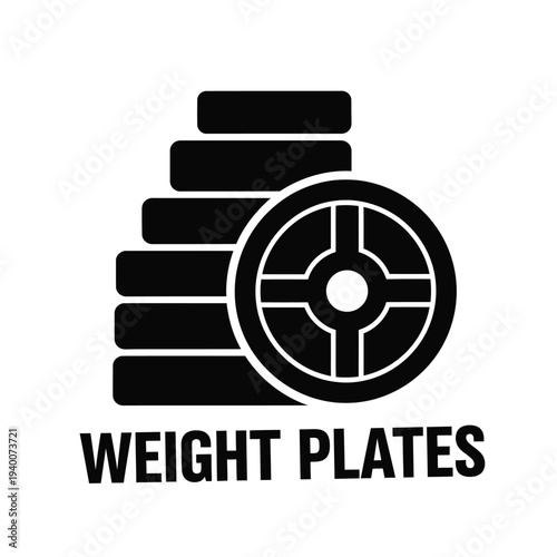 A minimalist black and white graphic depicts stacked weight plates alongside a circular barbell weight with text labeling high quality professional detailed modern elegant
