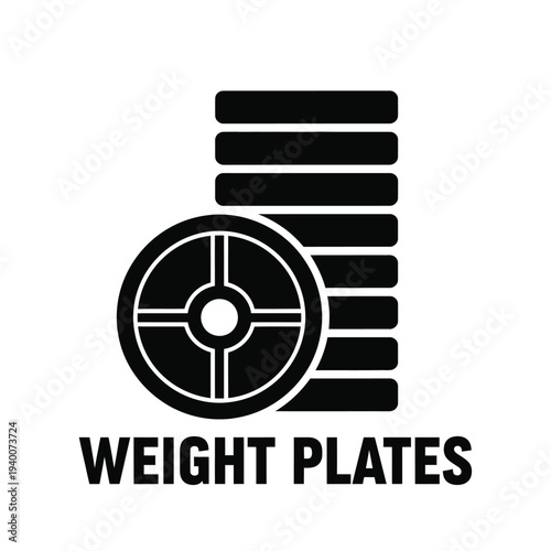 A minimalistic black silhouette displays stacked weight plates with a central circular component and the text weight plates high quality professional detailed modern elegant