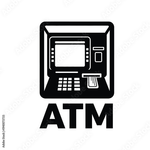 A stark black and white illustration depicts an automated teller machine with the letters atm boldly presented below it high quality professional detailed modern elegant stylish
