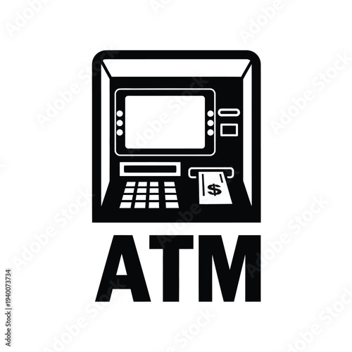 A simple black and white icon depicts an automated teller machine with money dispensing and the letters atm below it high quality professional detailed