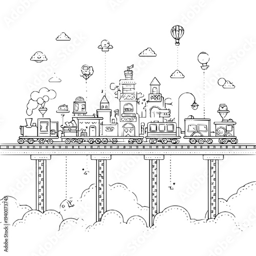 Whimsical cityscape with train on elevated bridge amidst fluffy clouds and hot air balloons floating serenely