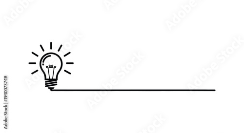 Minimalist black and white vector graphic illustration of a single glowing lightbulb connected to a long line