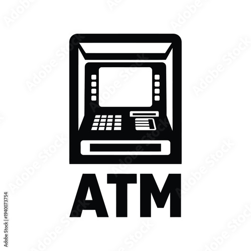 A stark black and white graphic depicts an automated teller machine with the letters atm boldly displayed below it high quality professional detailed modern