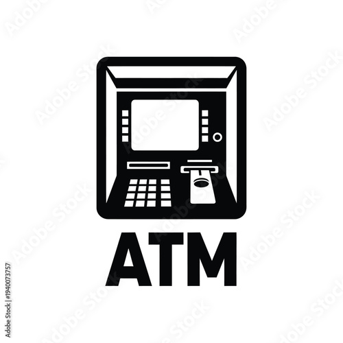 A simple black and white illustration depicts an automated teller machine with the letters atm underneath it high quality professional detailed modern elegant stylish clean crisp