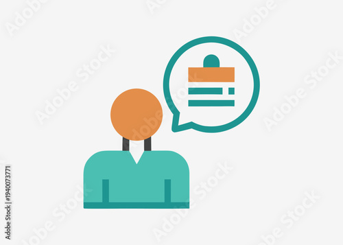 A flat graphic illustration shows a faceless person icon in teal and peach with a speech bubble containing a document symbol on a grey background.
