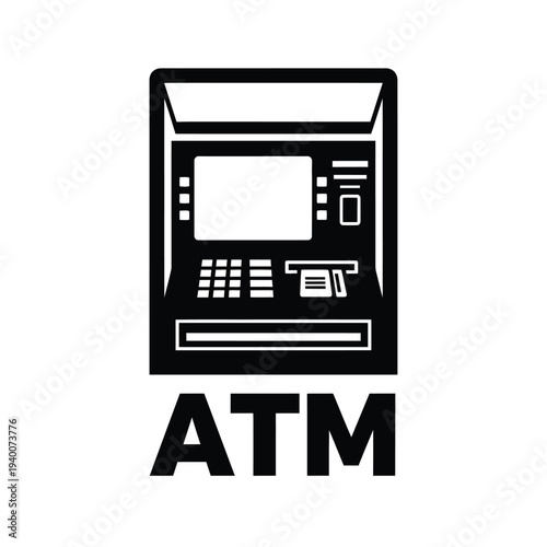 A simple black and white illustration depicts a modern atm machine with a screen card reader and cash dispenser slot high quality professional detailed