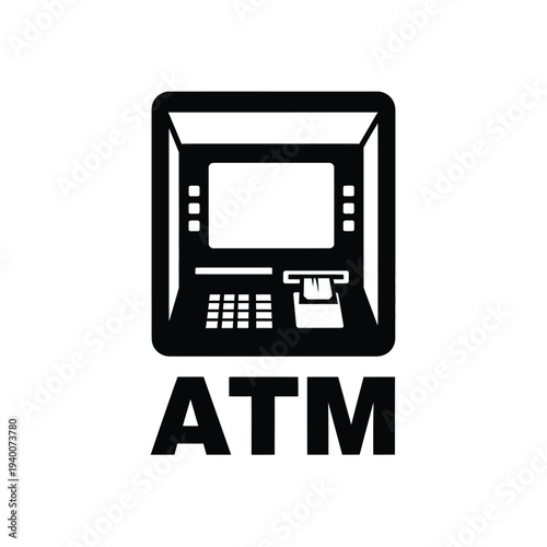 A simple black and white graphic depicts an automated teller machine with a card slot and cash dispenser labeled atm high quality professional detailed