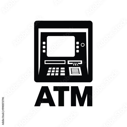 A simple black and white icon depicts an automated teller machine with the letters atm boldly displayed underneath high quality professional detailed modern elegant