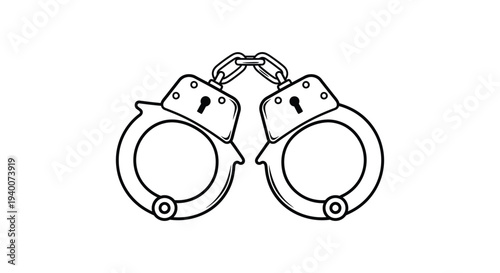 Simple black and white vector illustration design of a pair of metal police handcuffs linked together