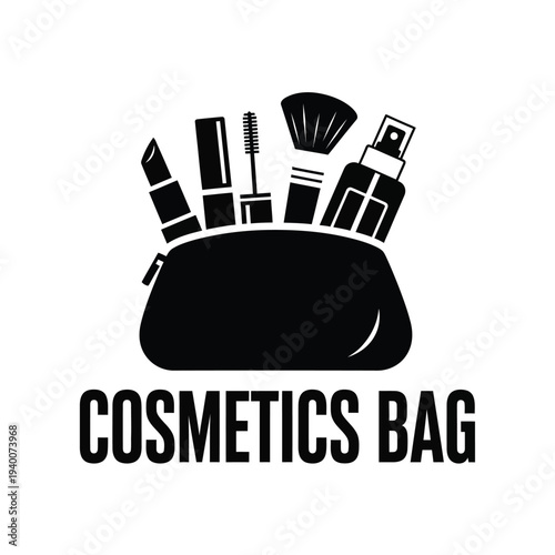 A black silhouette depicts a cosmetics bag overflowing with various makeup items including lipstick brushes and mascara high quality professional detailed modern elegant stylish