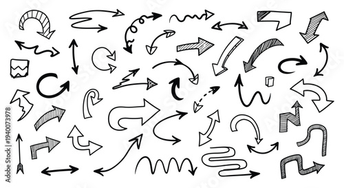 Collection of hand-drawn doodle arrows showing direction and movement in diverse styles