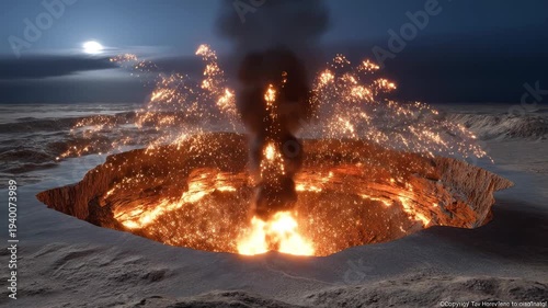 Darvaza Crater Gas Fire Erupting at Night.