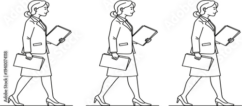 Businesswoman Walking with Briefcase and Documents Professional Female Office Worker in Motion Corporate Career Concept Line Art Vector Illustration