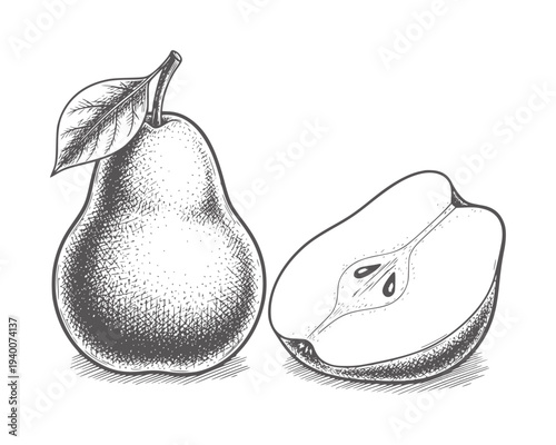 Black and white of a whole pear with a leaf and a halved pear showing seeds fruit