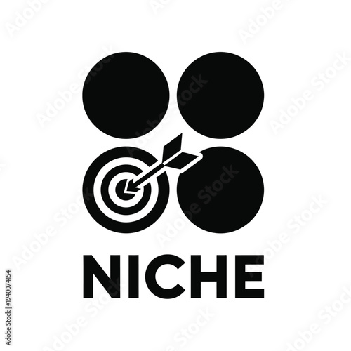 A minimalist graphic depicts a dart hitting a target surrounded by black circles accompanied by the word niche below high quality professional detailed modern