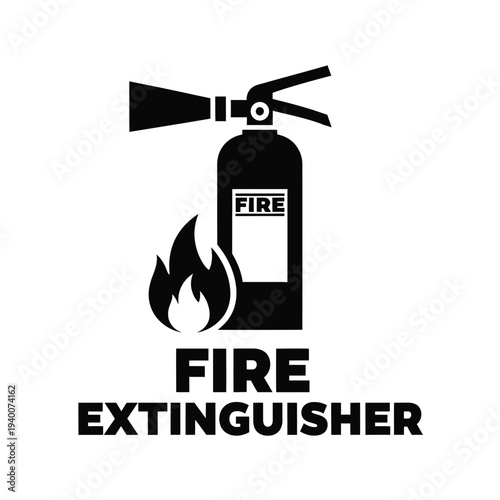 A simple black and white illustration depicts a fire extinguisher with flames and the text fire extinguisher below it high quality professional detailed modern elegant stylish