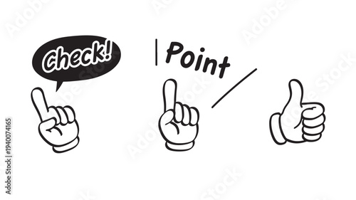 Hands showing different gestures like check, point, and thumbs up in a simple cartoon style for design elements and icons.
