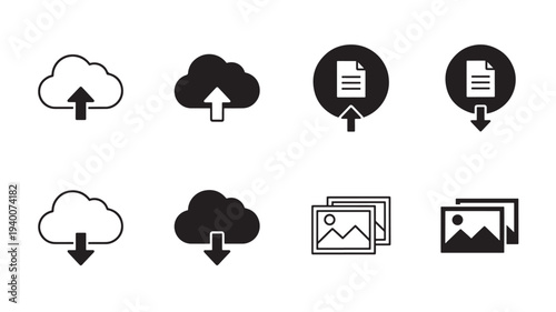 Icons set with upload and download arrows for cloud and document files, plus image gallery symbols featuring icon, file, symbol with data and