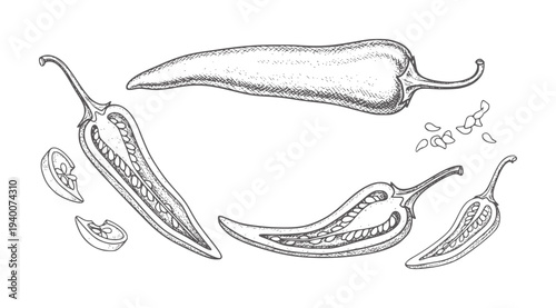 Hand drawn chili peppers whole and sliced with seeds spice food