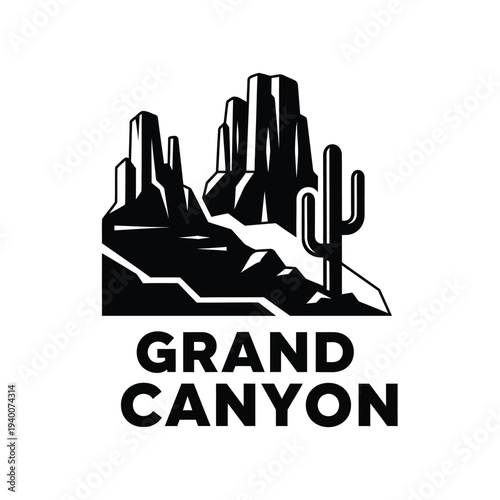 A striking black and white illustration depicts the grand canyon landscape featuring iconic rock formations and a saguaro cactus high quality professional detailed modern