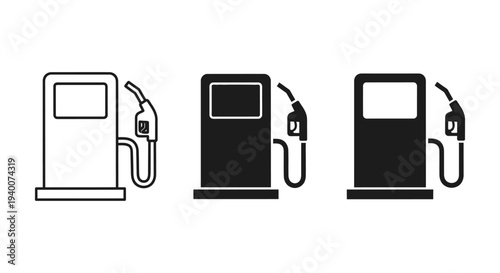 Collection of three distinct stylized vector graphic icons representing a modern fuel pump dispenser