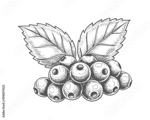 Hand drawn cluster of dark berries with textured leaves berry fruit leaf food