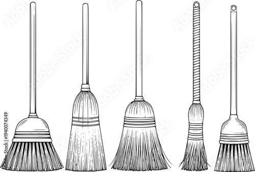 Collection of hand drawn brooms and brushes with wooden handles a white background