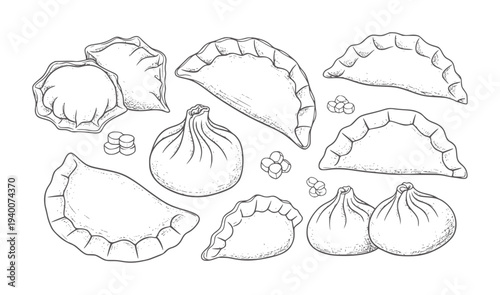 Hand drawn dumplings and wontons arranged in a scattered pattern food black white
