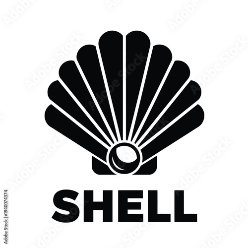 A stark black and white graphic depicts a stylized seashell icon above the word shell in bold uppercase lettering high quality professional detailed modern elegant stylish