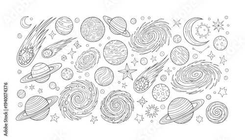 Hand drawn doodle space planets galaxies comets stars and moon galaxy