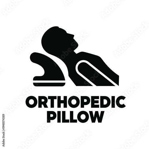 A stylized black silhouette depicts a person lying on an orthopedic pillow with the product name boldly displayed below high quality professional detailed modern