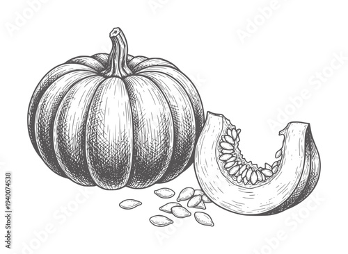 Hand drawn of a whole pumpkin and a slice with seeds vintage monochrome