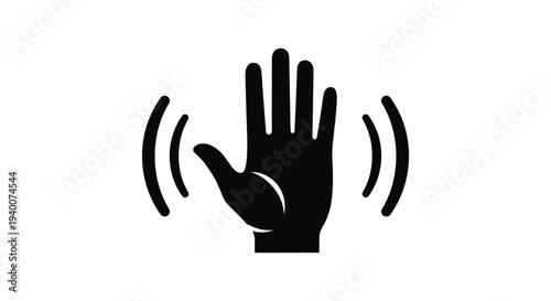 Simple black vector graphic illustration of a waving hand sign indicating greeting or stop gesture
