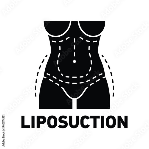 A minimalist black silhouette depicts a female torso with dashed lines indicating areas for liposuction accompanied by the text liposuction high quality professional detailed