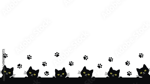 Minimalist border design featuring a row of cute black cats peeking from the bottom with yellow eyes and paw prints on white.