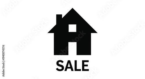 Simple black vector graphic illustration of a house icon featuring the word "sale" underneath.
