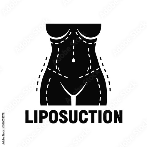 A stark black silhouette depicts a female torso marked with dashed lines indicating areas for liposuction accompanied by the procedure s name high quality professional