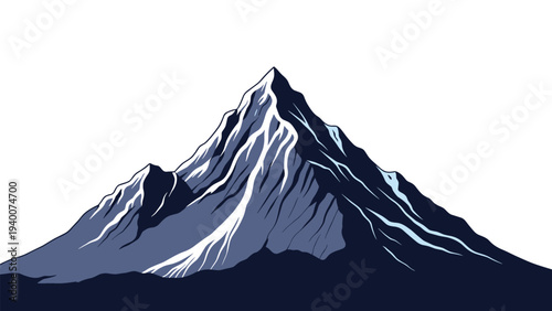 Majestic high mountain peak covered in snow and ice standing tall against a white background in a detailed illustrative art style.