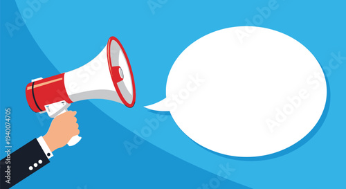 A business hand holding a red and white megaphone alongside an empty speech bubble vector illustration.