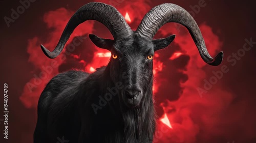 Dramatic Black Goat with Horns in Red.