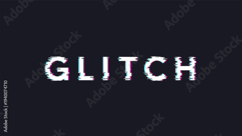 Bold white text saying glitch with a digital distortion effect featuring cyan and magenta color offsets on a dark navy background.