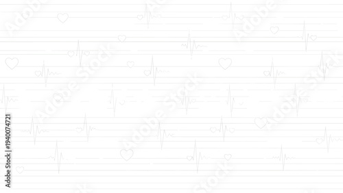 Subtle and light medical background pattern featuring faint heartbeat pulse lines and small heart icons on a plain white surface.