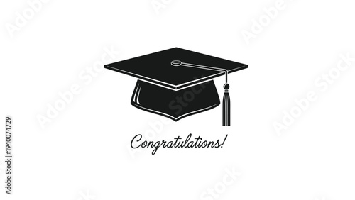 Minimalist graduation greeting card design featuring a classic black academic mortarboard cap and elegant congratulatory script text.