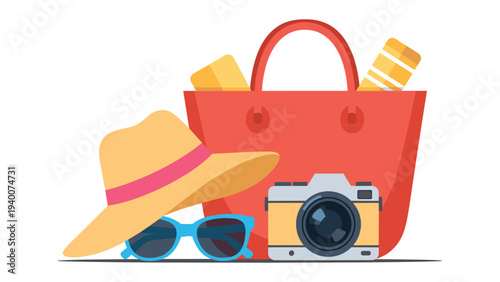 Summer travel and vacation concept featuring a large red beach bag, a straw hat, blue sunglasses, and a classic photo camera.
