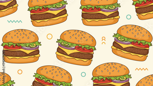 Delicious seamless pattern featuring hand drawn cheeseburgers with lettuce, tomato, cheese, and onions on a warm beige background.