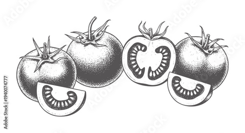 Hand drawn of whole and sliced tomatoes in grayscale