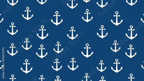 Classic nautical seamless pattern featuring white ship anchors distributed across a deep navy blue background for maritime themes.