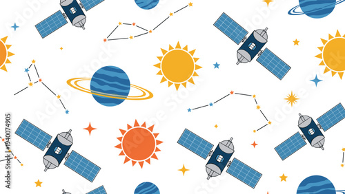 Dynamic seamless space pattern featuring various satellites, ringed planets, suns, stars, and constellations on a white background.