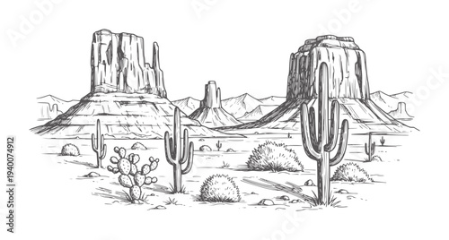 Monument Valley desert landscape with saguaro and prickly pear cacti mesa